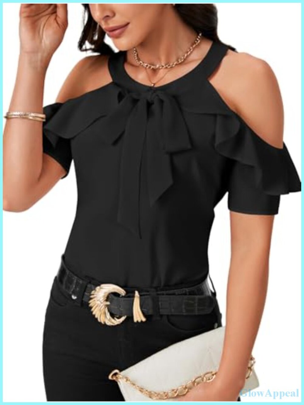 100% Polyester Womens Cold Shoulder Tie Knot Blouses Short Sleeve